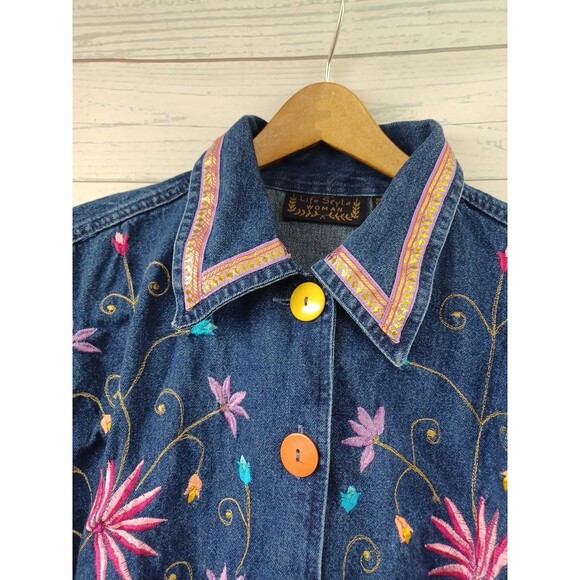 Life Style Womens Long Sleeve Floral Embroidered Denim Jean Jacket Blue Sz 1X - Picture 2 of 9